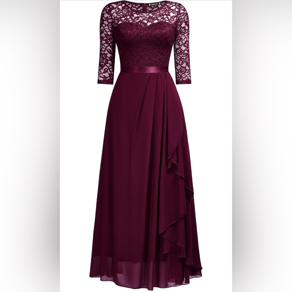 Miusol Burgundy Lace Bodice Chiffon Evening Gown - Picture 6 of 11